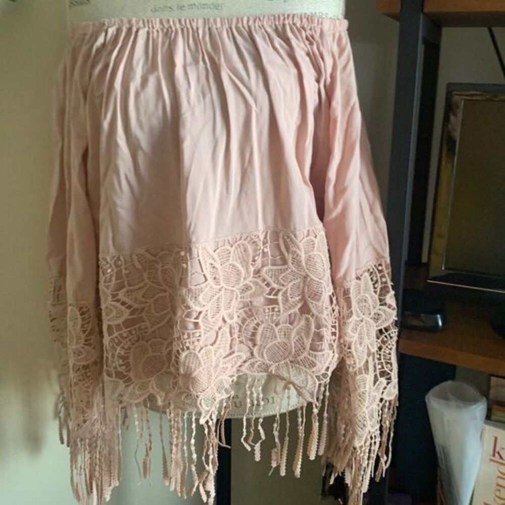 Boho fringe applique off the shoulder top